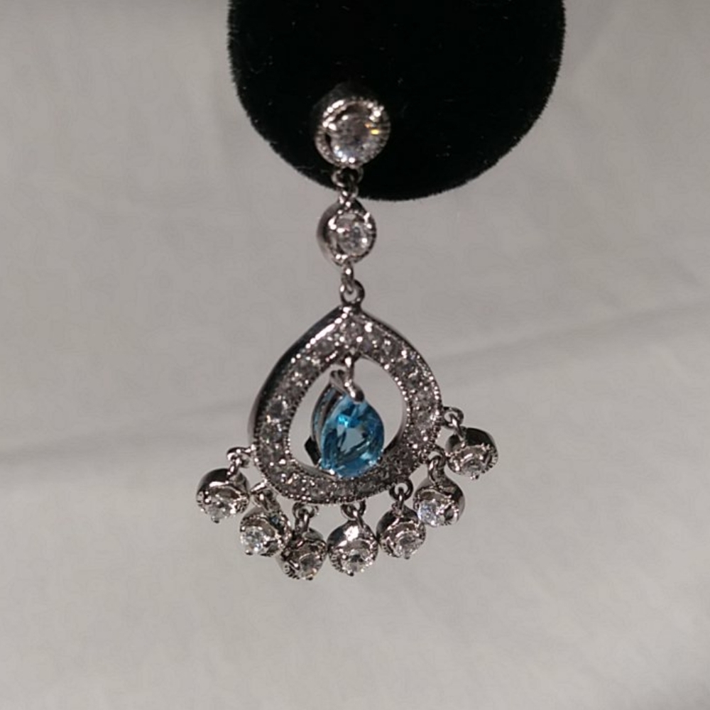 Blue Topaz Color & Rhinestone Tear Drop Earrings